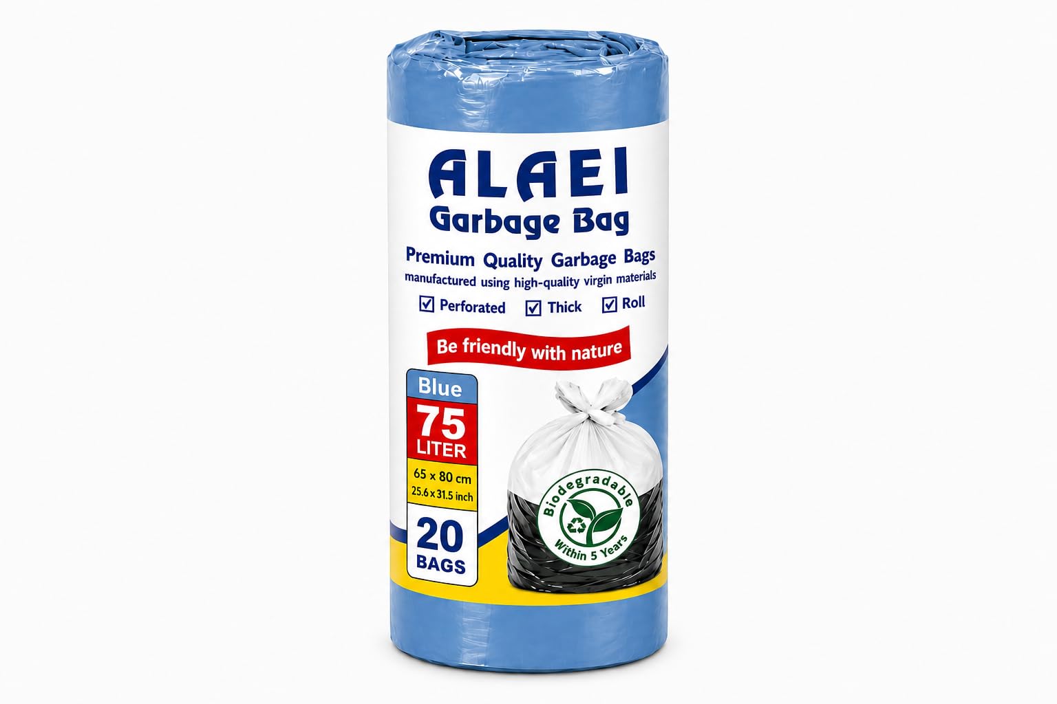 Heavy-Duty Blue Garbage Bags - 75 Litres - 100 Trash Bags (Pack of 5)