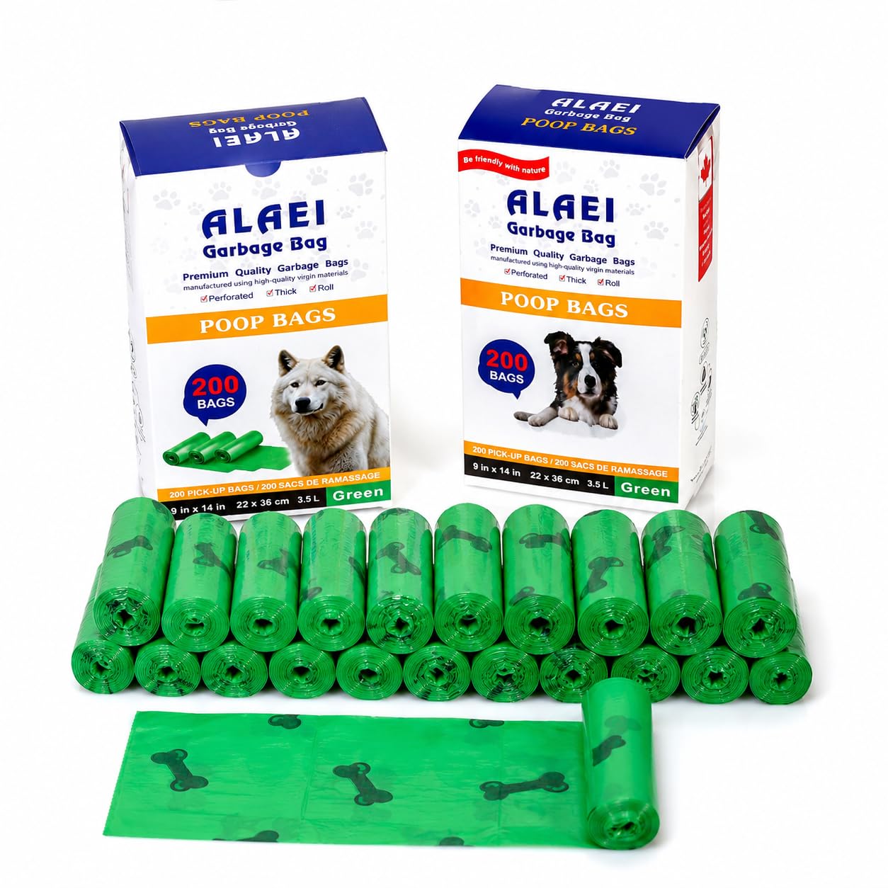 Dog Poop Bags, Green, 600 Bags (Pack of 3, 200 Bags Each) | Leakproof & Extra Thick, Easy Tear, Durable & Unscented, 9 x 14 Inches (22 x 36 cm), 3.5 Liter