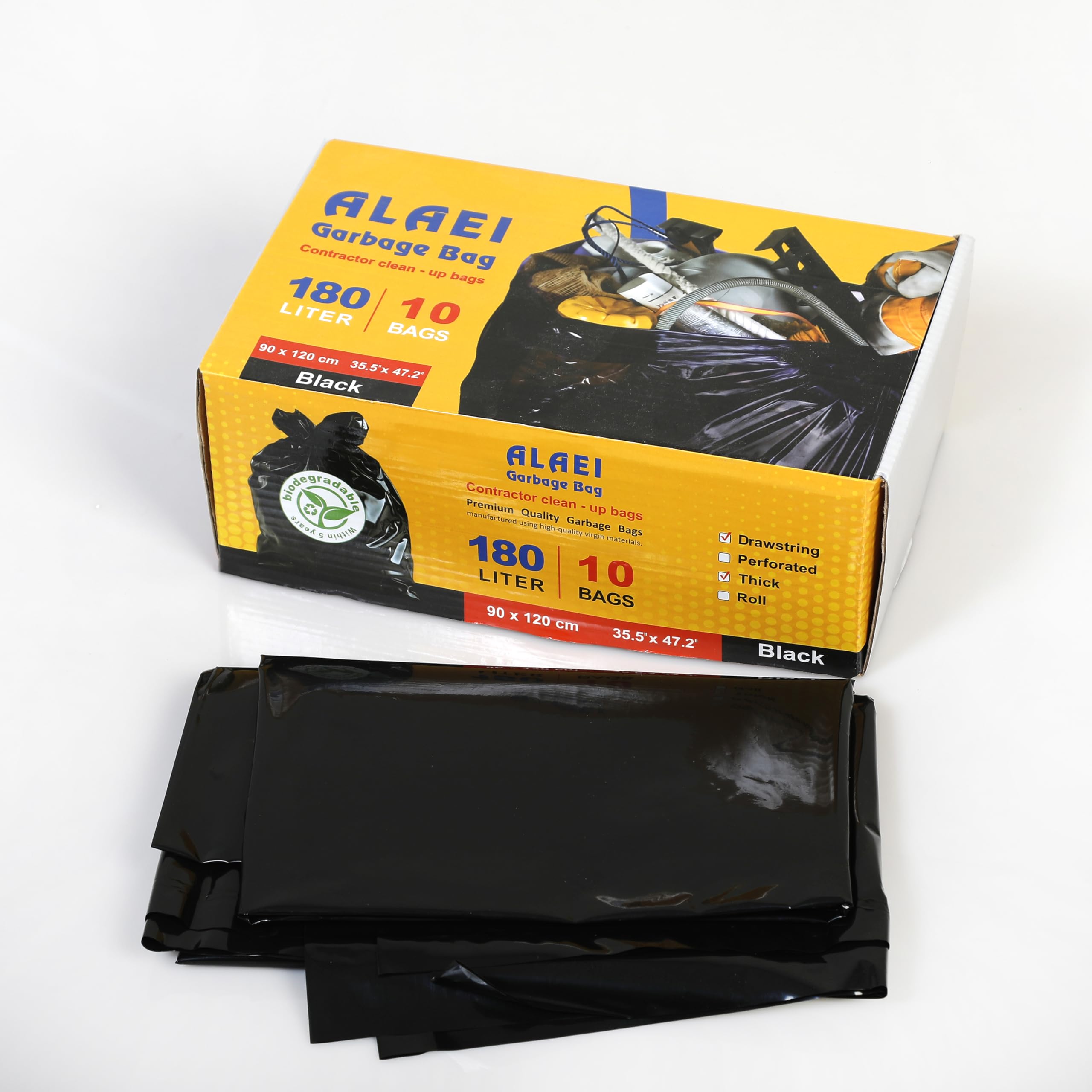 Heavy Duty Garbage Bags 180L, 5 Mil, 60 Count (Pack of 6) | Black Industrial Construction Trash Bags, 90 x 120 cm