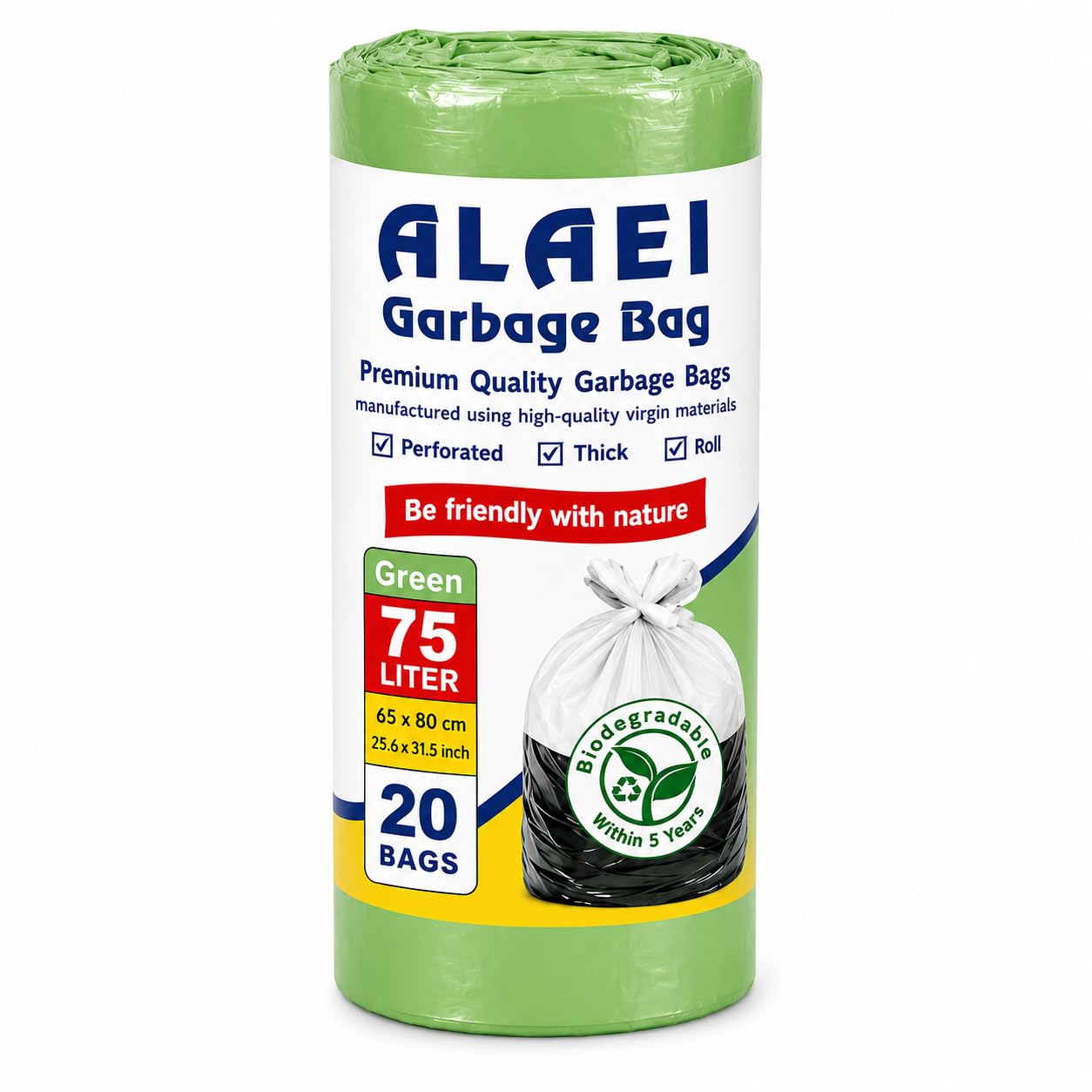 Heavy-Duty Green Garbage Bags - 75 Litres - 100 Trash Bags (Pack of 5)