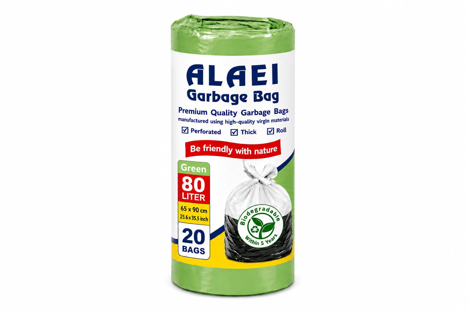 Heavy-Duty Green Garbage Bags - 80 Litres - 100 Trash Bags (Pack of 5)
