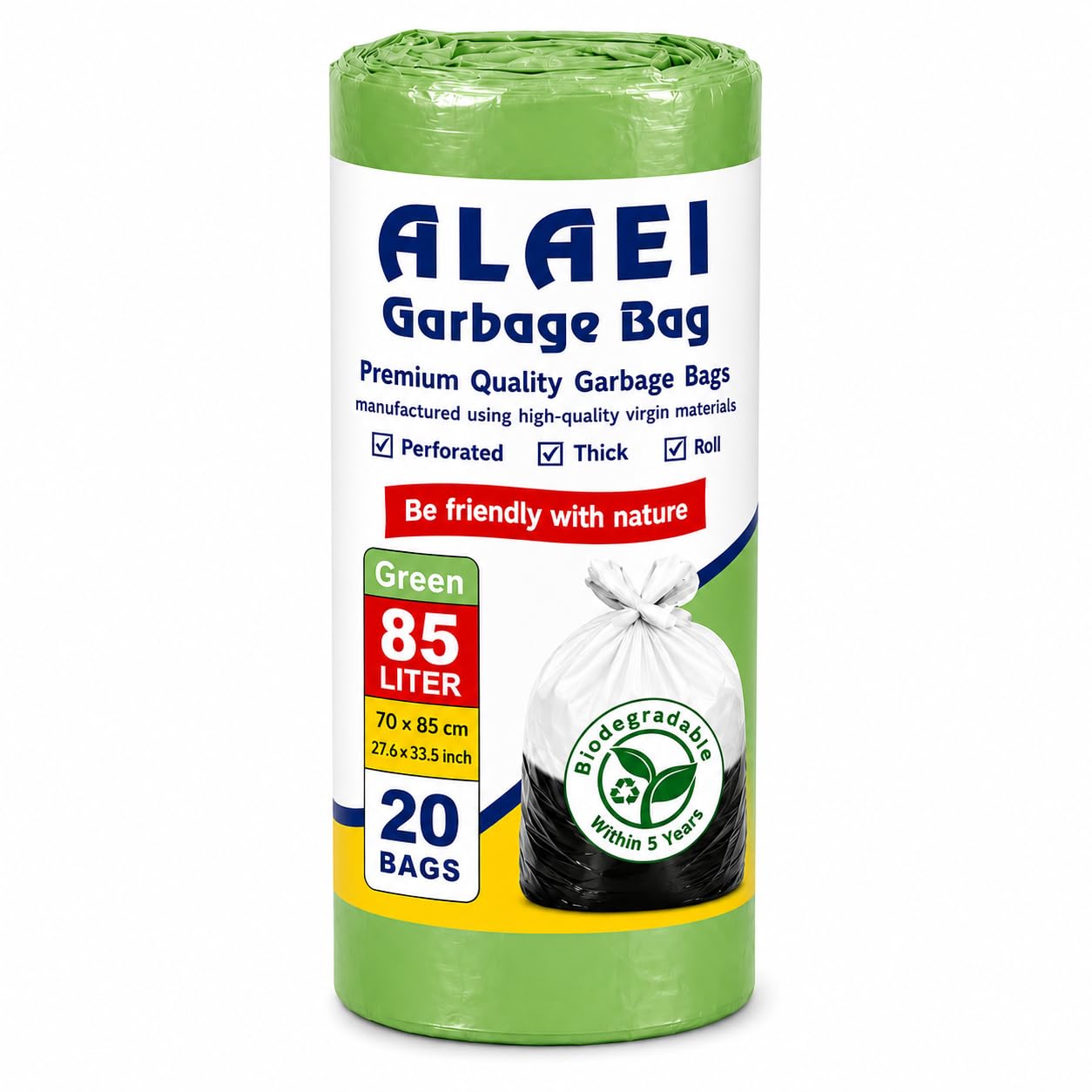 Heavy-Duty Green Garbage Bags - 85 Litres - 100 Trash Bags (Pack of 5)