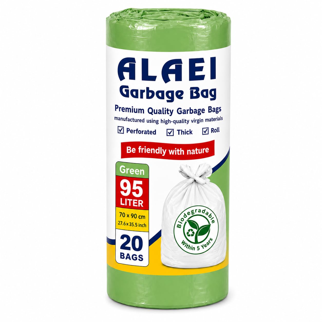 Heavy-Duty Green Garbage Bags - 95 Litres - 100 Trash Bags (Pack of 5)