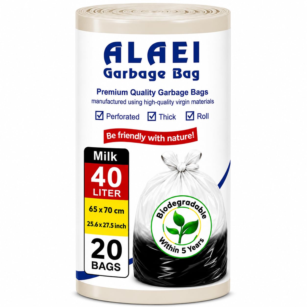 Heavy-Duty Milk Garbage Bags - 40 Litres - 200 Trash Bags (10 Rolls x 20 Bags)