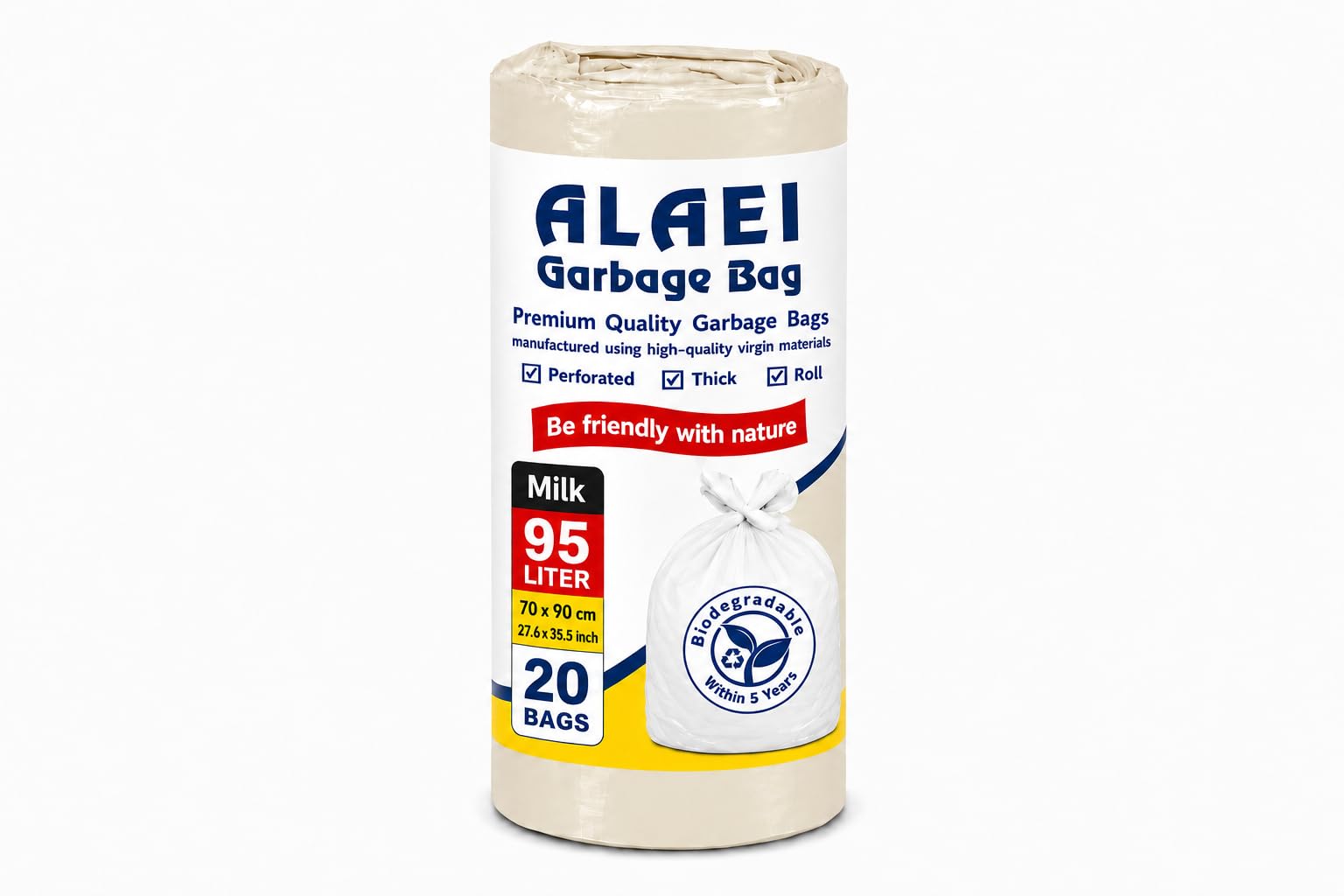 Heavy-Duty Milk Garbage Bags - 95 Litres - 100 Trash Bags (Pack of 5)